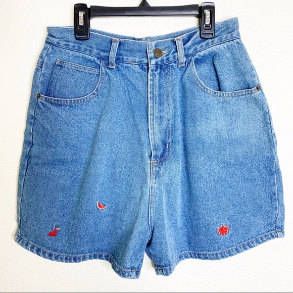 Vintage Pants - Vintage Denim Shorts Embroidered Fruit High Waisted Size 26